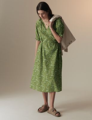 Per Una Womens Pure Cotton Printed Midi Smock Dress - 22REG - Green Mix, Green Mix,Ecru Mix