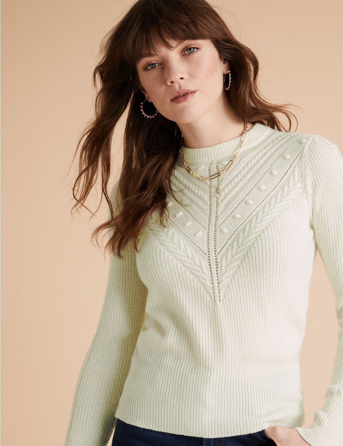 Cable Knit Crew Neck Jumper with Wool cream
