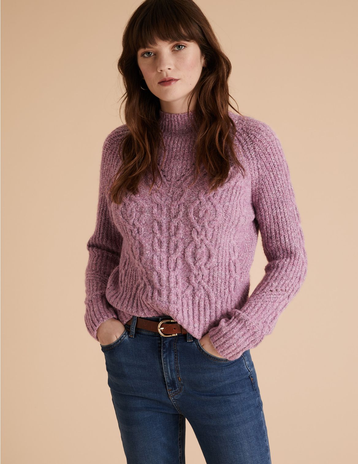 Cable Knit Funnel Neck Jumper pink