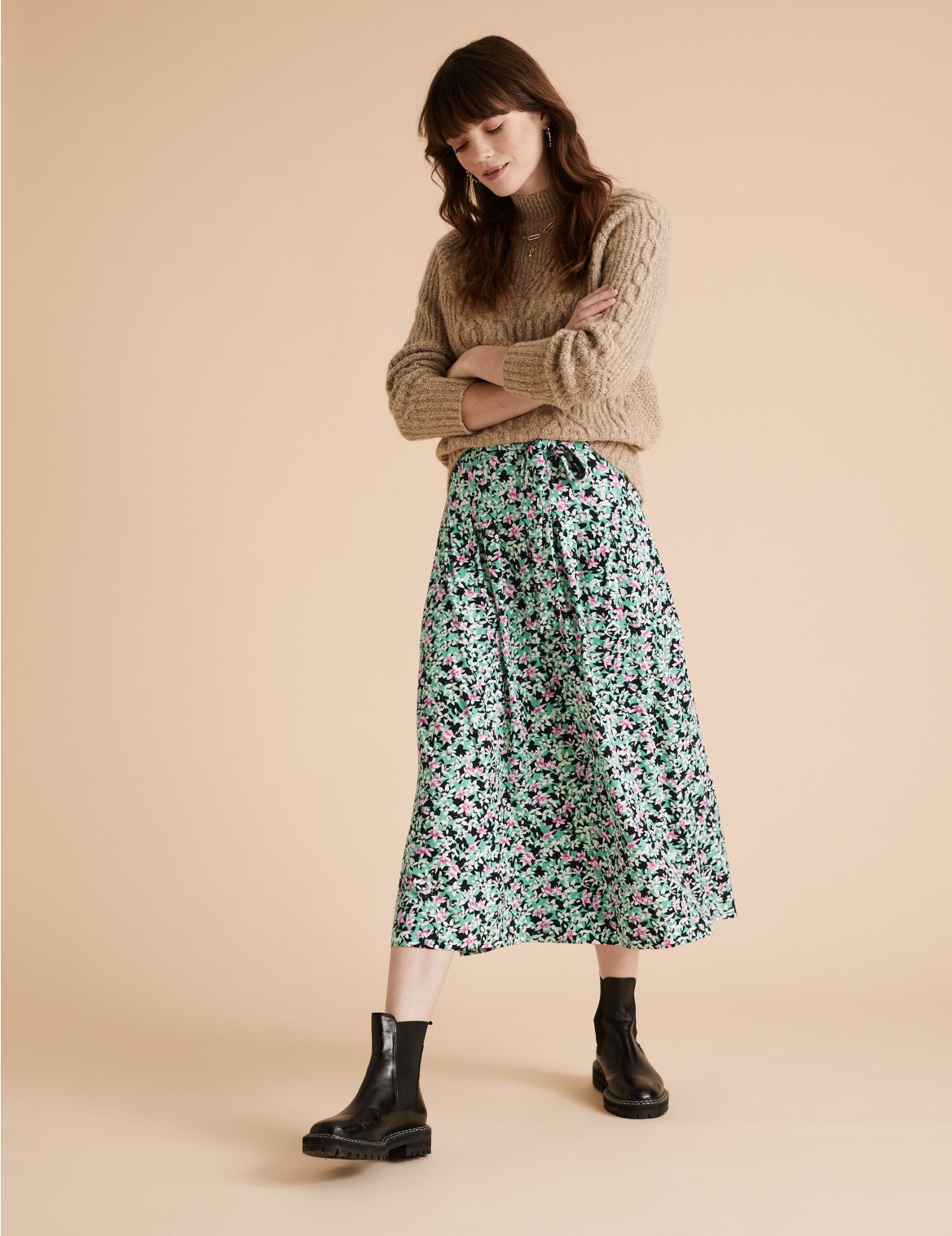 Jersey Floral Belted Midi A-Line Skirt green