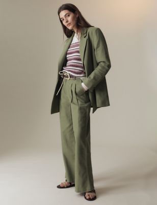 Per Una Women's Linen Blend Pleat Front Wide Leg Trousers - 12SHT - Light Khaki, Light Khaki
