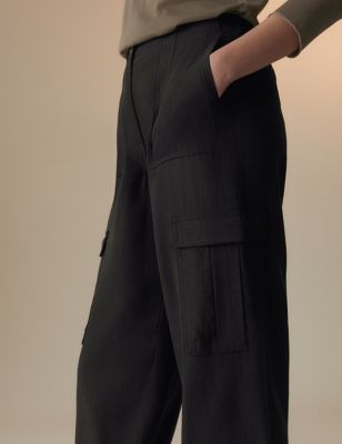 Per Una Women's Linen Blend Cargo Trousers - 6SHT - Black, Black,Light Khaki