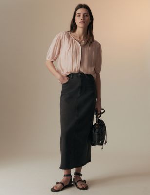 Per Una Womens Denim Split Back Maxi Skirt - 8SHT - Medium Indigo, Medium Indigo,Black