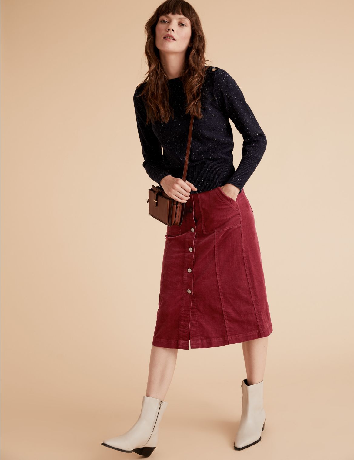 Corduroy Button Front Midi A-Line Skirt red