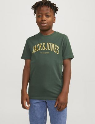 Jack & Jones Junior Boys Pure Cotton Slogan T-Shirt (8-16 Yrs) - 10y - Dark Green, Dark Green,Light 