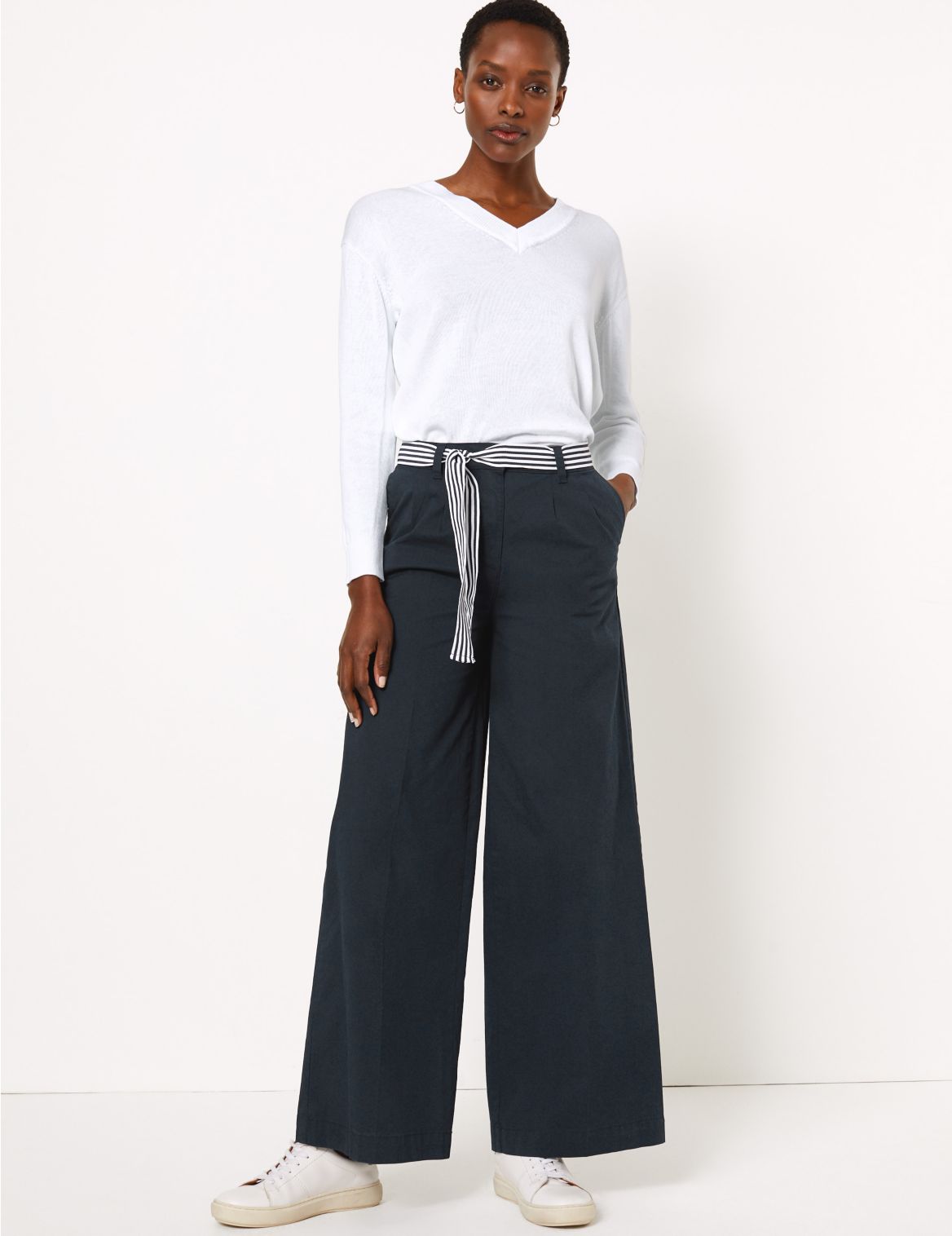 Cotton Belted Wide Leg Chinos navy
