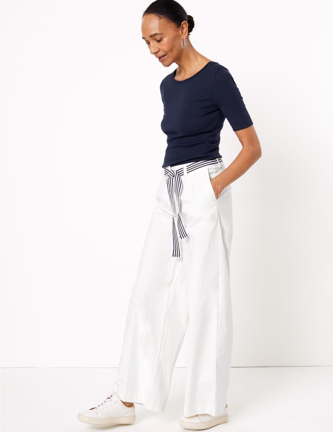 Cotton Belted Wide Leg Chinos white