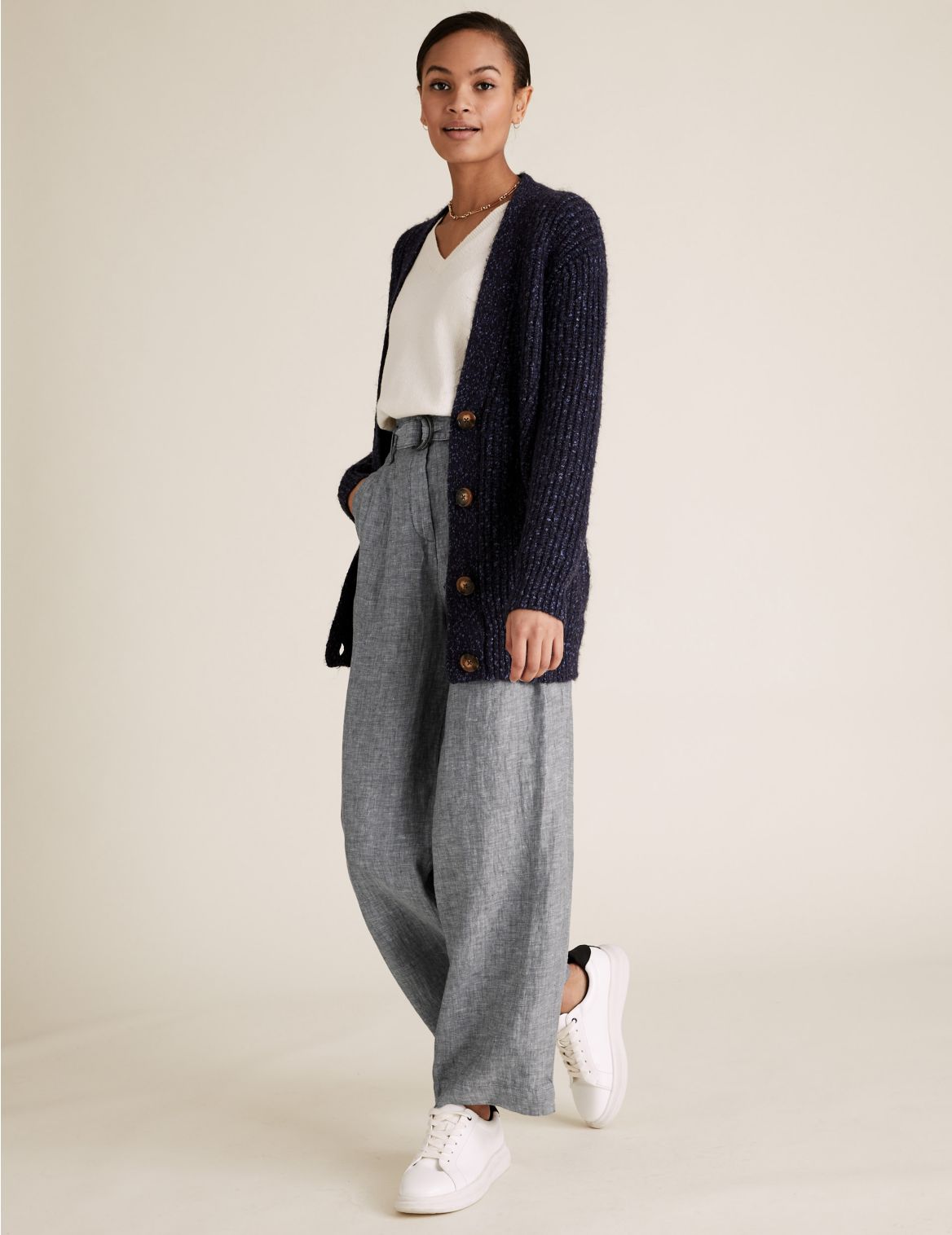 Pure Linen Belted Wide Leg Trousers grey