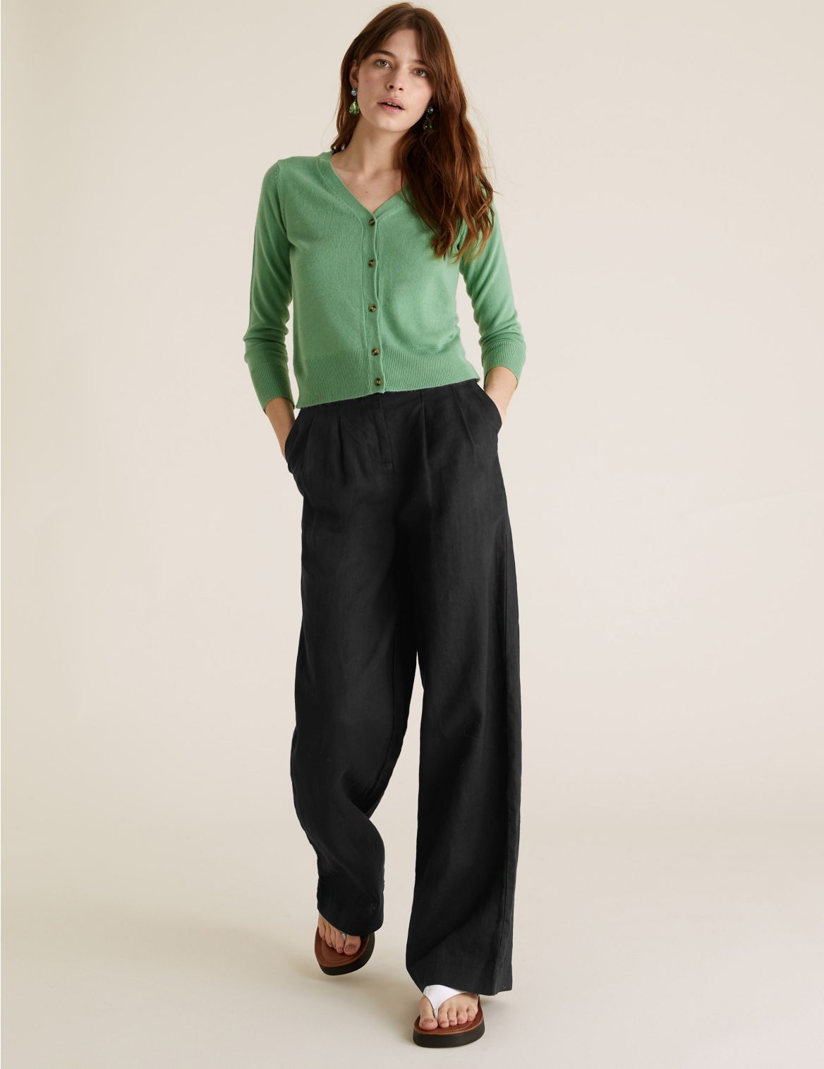 Pure Linen Belted Wide Leg Trousers black