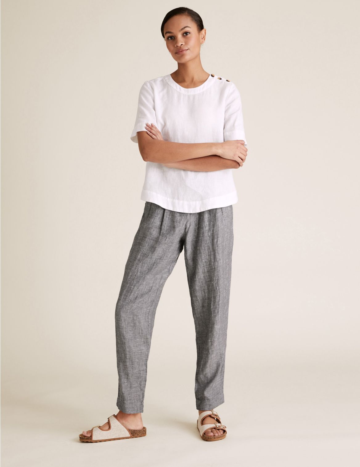 Pure Linen Tapered Ankle Grazer Trousers grey