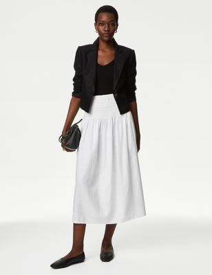 M&S Women's Linen Rich Shirred Midi A-Line Skirt - 10SHT - Soft White, Soft White,Black