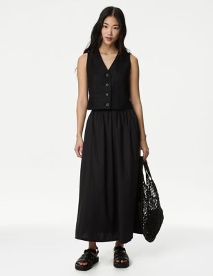 M&S Womens Pure Cotton Midi Skirt - 16REG - Black, Black,White