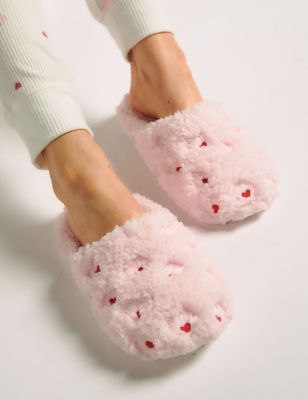 Boux Avenue Womens Faux Fur Heart Embroidered Mule Slippers - 3-4 - Pink Mix, Pink Mix