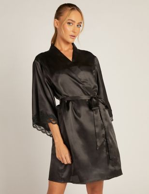 Boux Avenue Womens Amelia Satin Lace Trim Short Robe - Black, Black,Light Blue