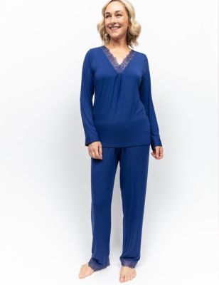 Cyberjammies Womens Modal Rich Lace Trim Pyjama Set - 26 - Navy, Navy