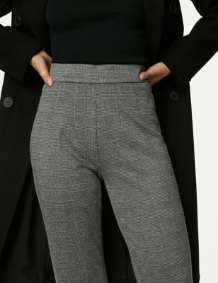 M&S Womens Jersey Checked Straight Leg Trousers - 6SHT - Grey Mix, Grey Mix