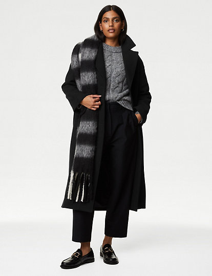 M&S Collection Belted Relaxed Coat With Wool - Black, Black