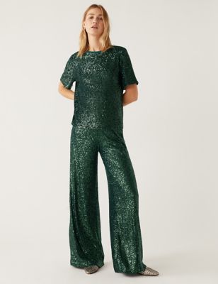 M&S Collection Sequin Elasticated Waist Wide Leg Trousers - 16REG - Green, Green