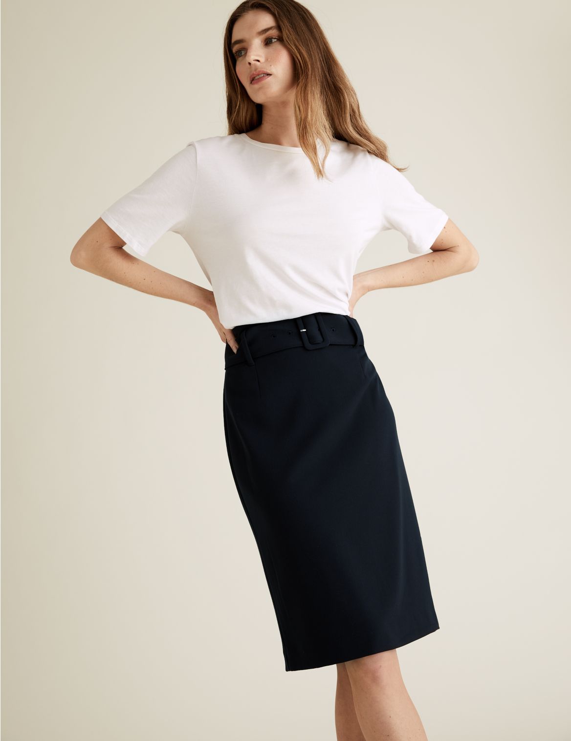 PETITE Belted Knee Length Pencil Skirt navy