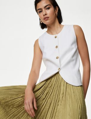 M&S Women's Linen Rich Tailored Waistcoat - 16 - Soft White, Soft White