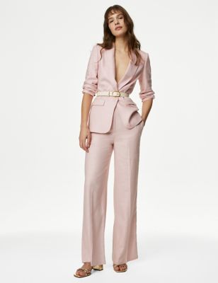 M&S Womens Linen Rich Wide Leg Trousers - 8REG - Pink Shell, Pink Shell,Onyx