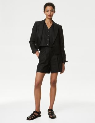 M&S Womens Linen Rich High Waisted Pleat Front Shorts - 12REG - Onyx, Onyx,Black