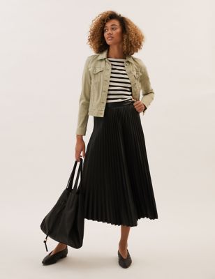 M&S Womens Faux Leather Pleated Midi Skirt