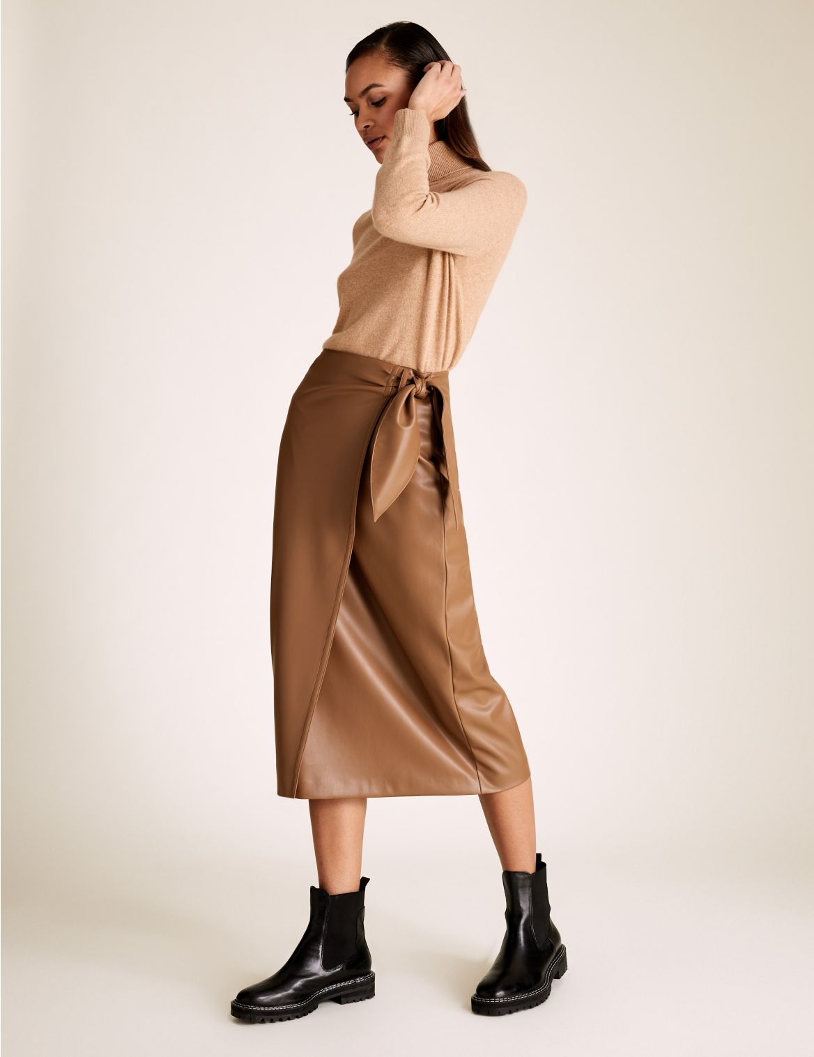 Faux Leather Midi Wrap Skirt brown
