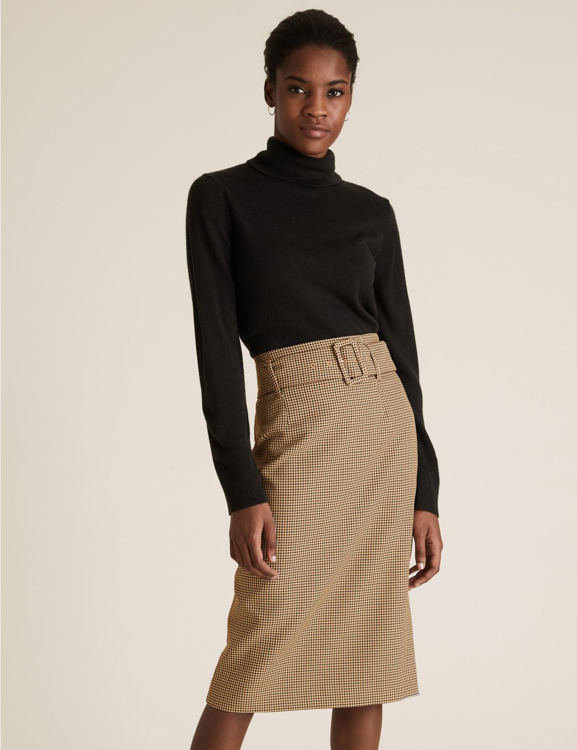 Checked Belted Knee Length Pencil Skirt brown