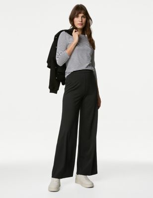 M&S Womens Jersey Wide Leg Trousers with Stretch - 6SHT - Black, Black,Dark Navy,Dark Khaki,Charcoal