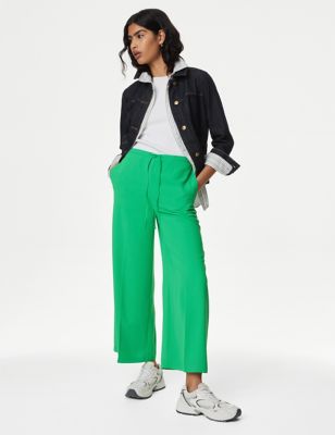 M&S Womens Elasticated Waist Wide Leg Cropped Trousers - 8SHT - Medium Green, Medium Green