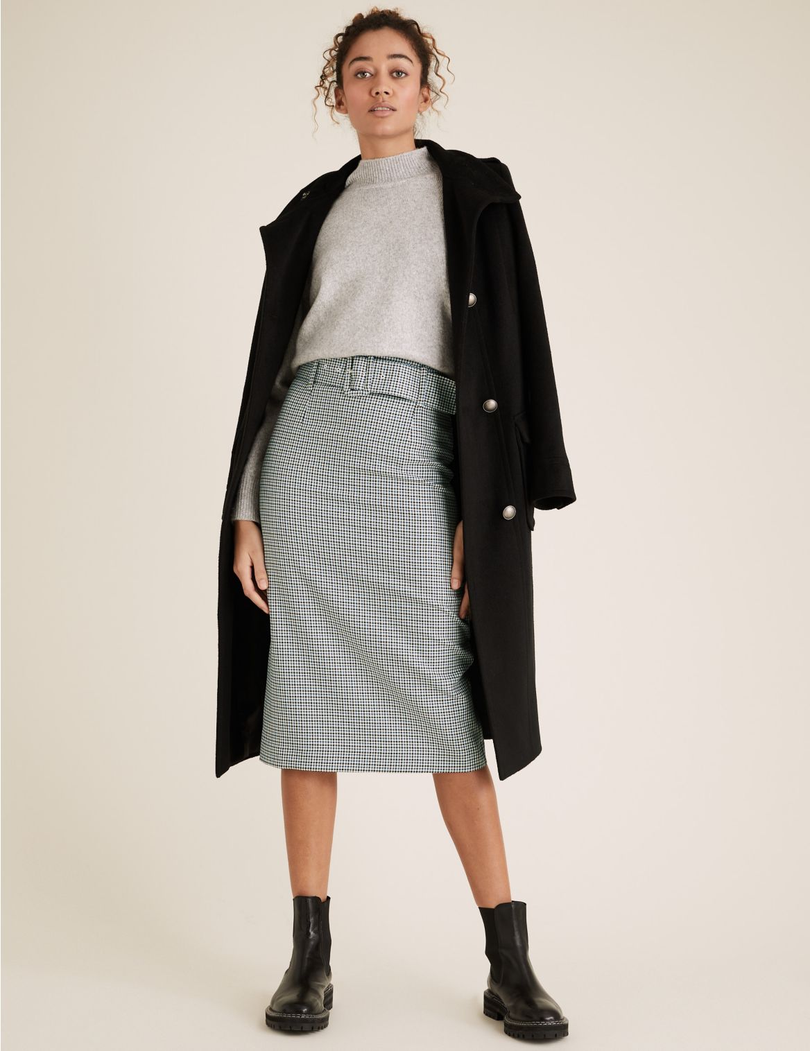 Checked Belted Pencil Skirt navy
