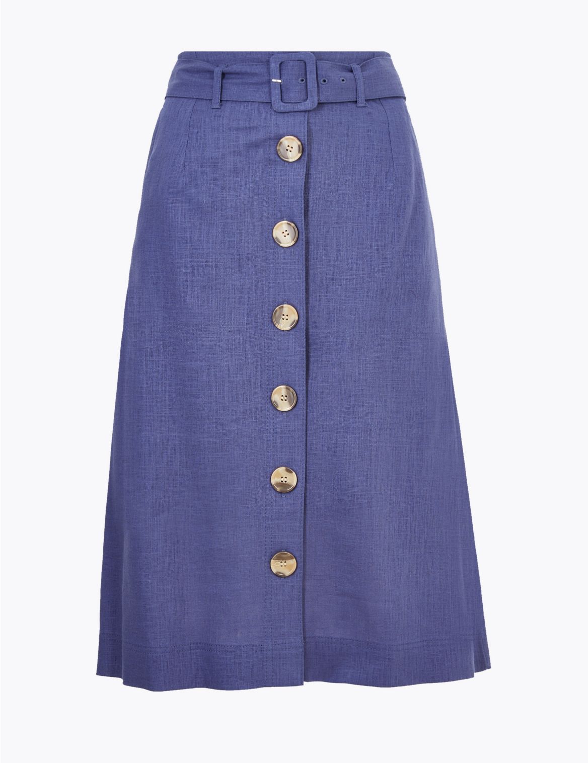 Linen Button Front Belted Midi A-Line Skirt navy