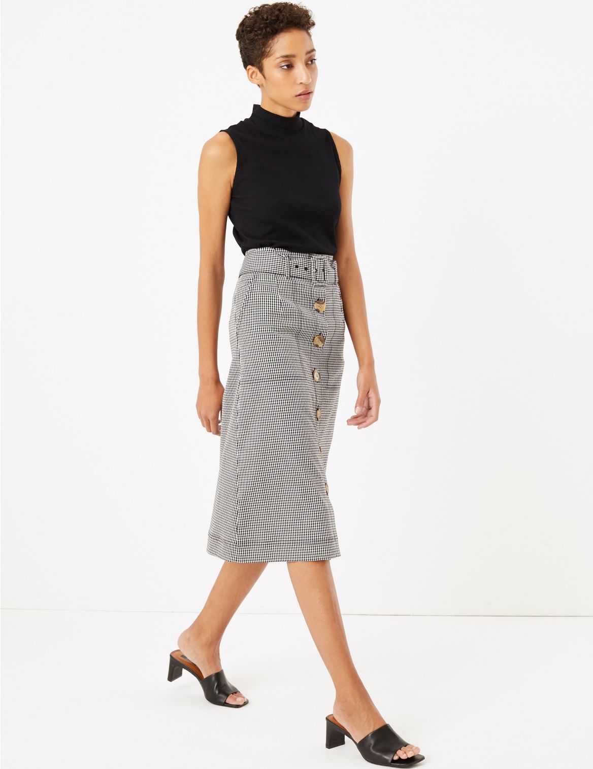 Gingham Button Front Midi A-Line Skirt black