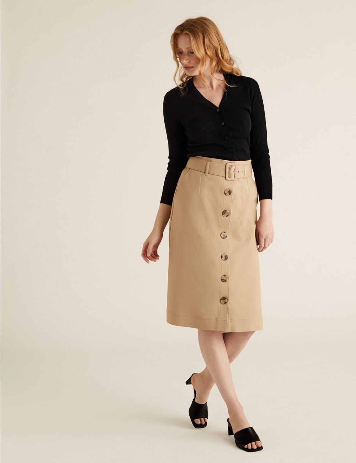 Button Front Midi A-Line Skirt brown