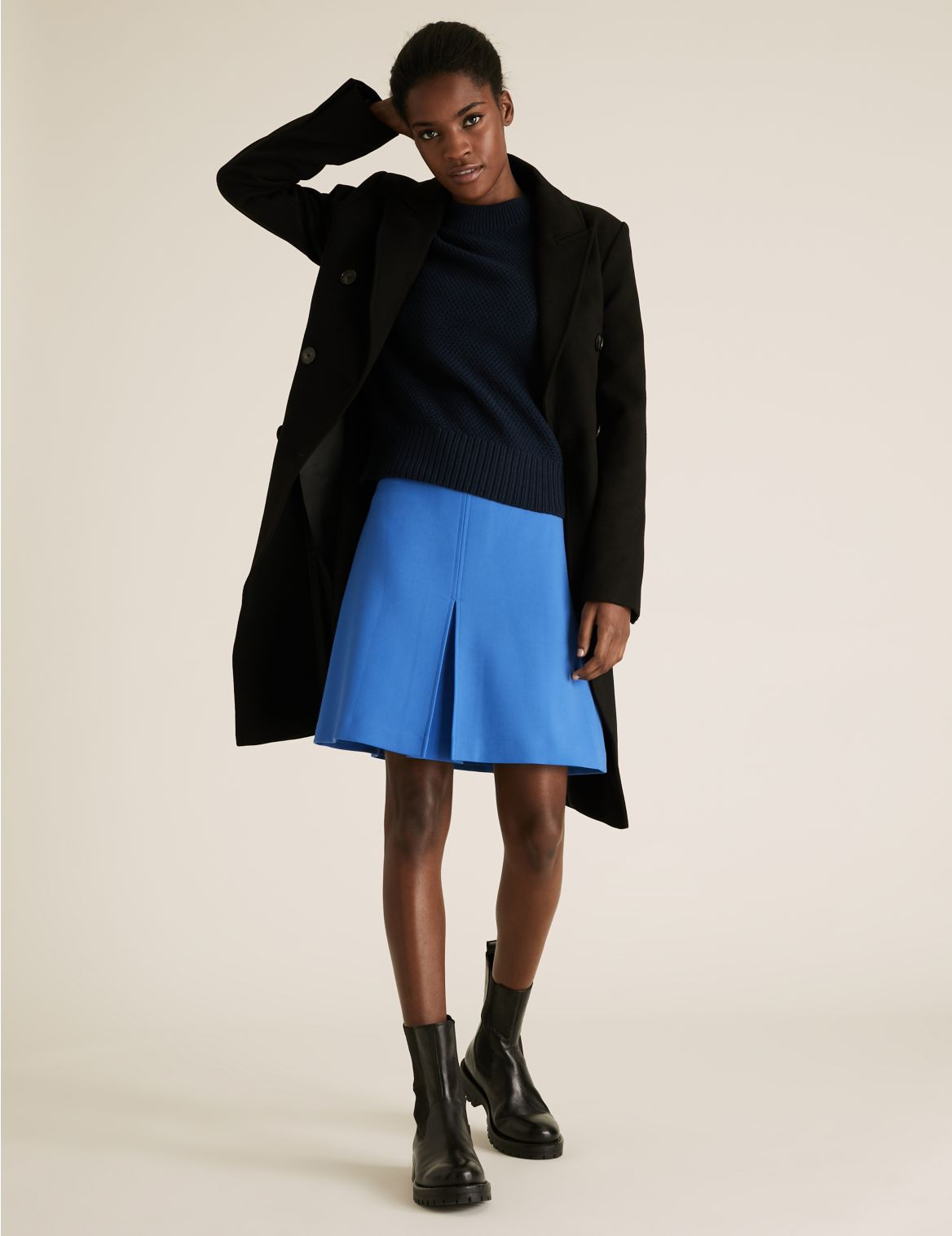 Pleat Front Mini A-Line Skirt blue