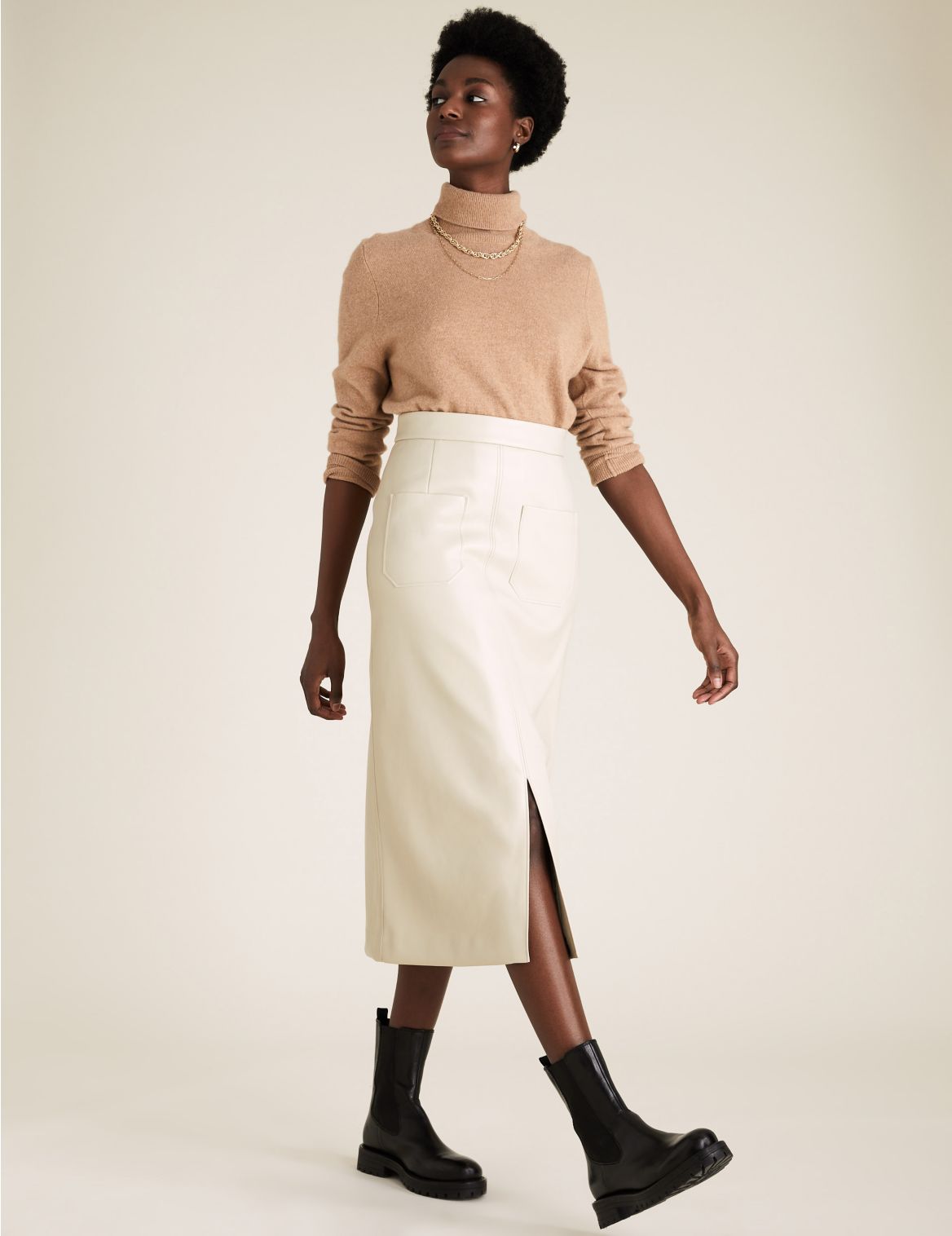 Faux Leather Split Front Midi A-Line Skirt beige