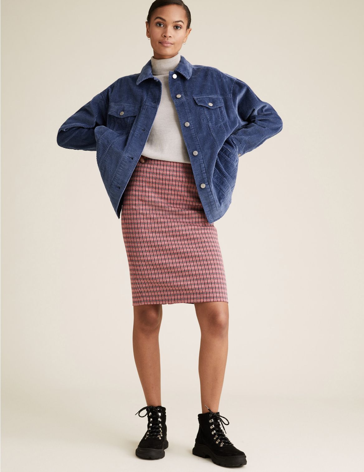 Jersey Checked Knee Length Pencil Skirt pink