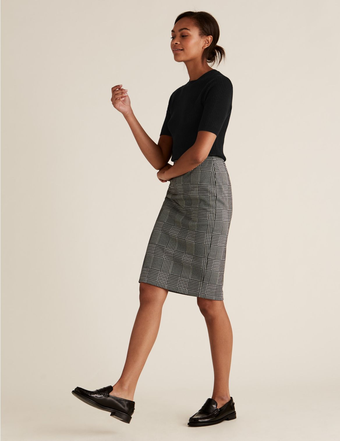 Jersey Checked Knee Length Pencil Skirt black