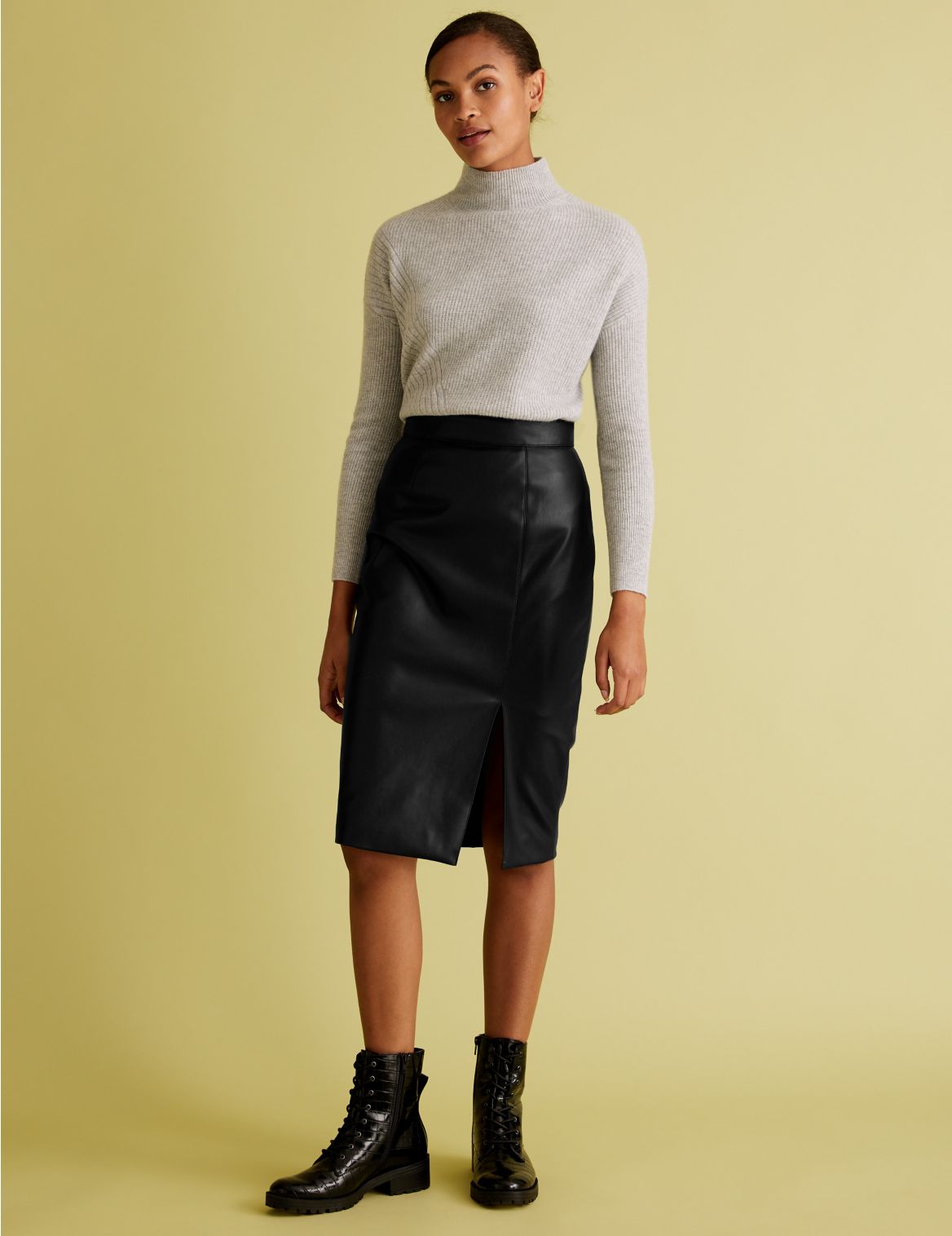 Faux Leather Side Split Pencil Skirt black