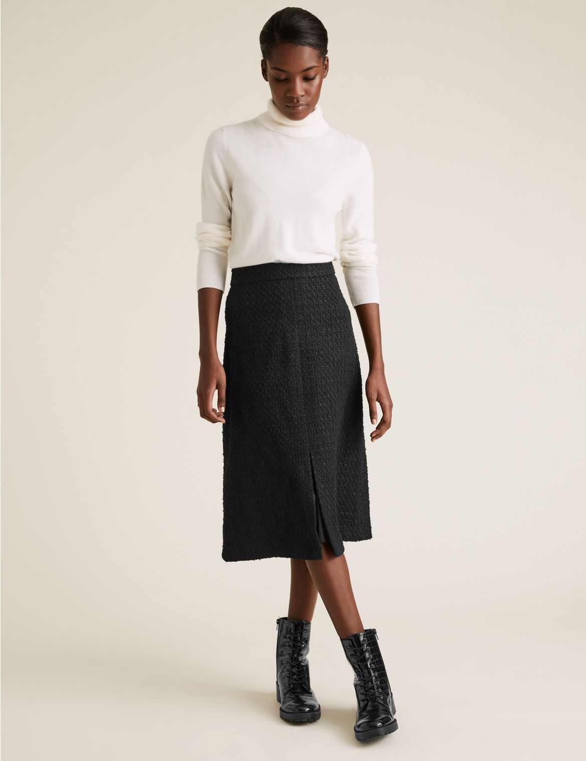 Wool Tweed Knee Length A-Line Skirt black