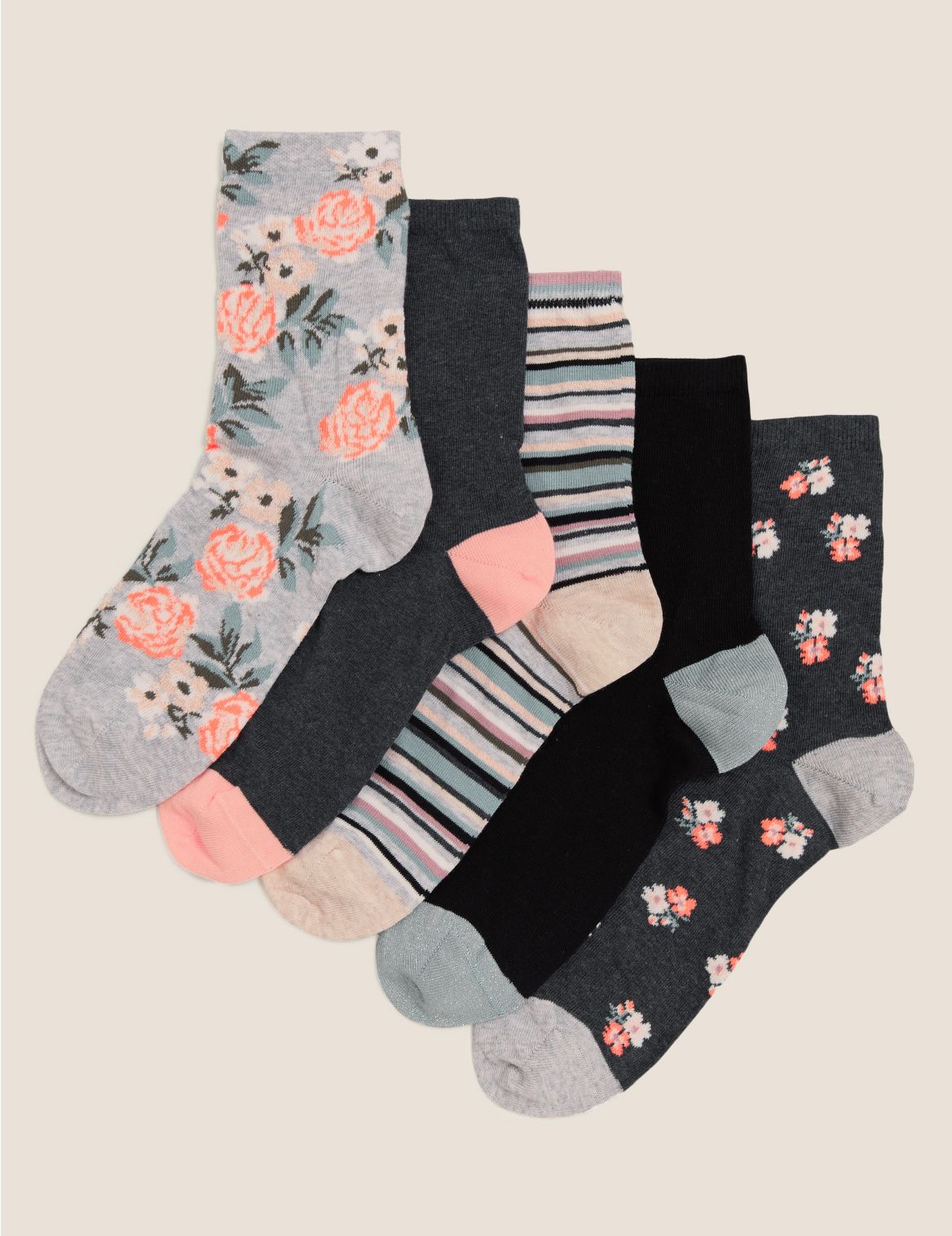 5pk Cotton Floral Ankle High Socks grey