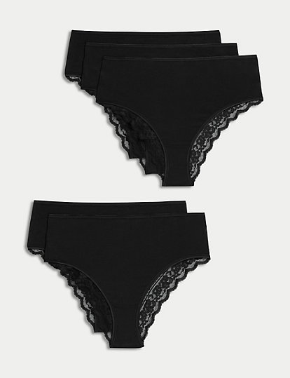 M&S Collection 5Pk Cotton & Lace High Waisted Brazilian Knickers - 6 - Black, Black