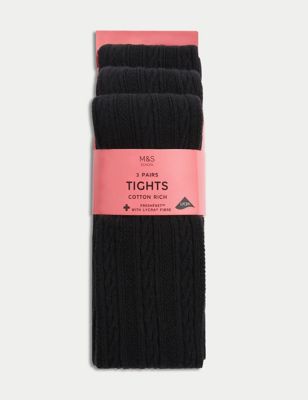 M&S Girls 3pk of Cable Knit Tights