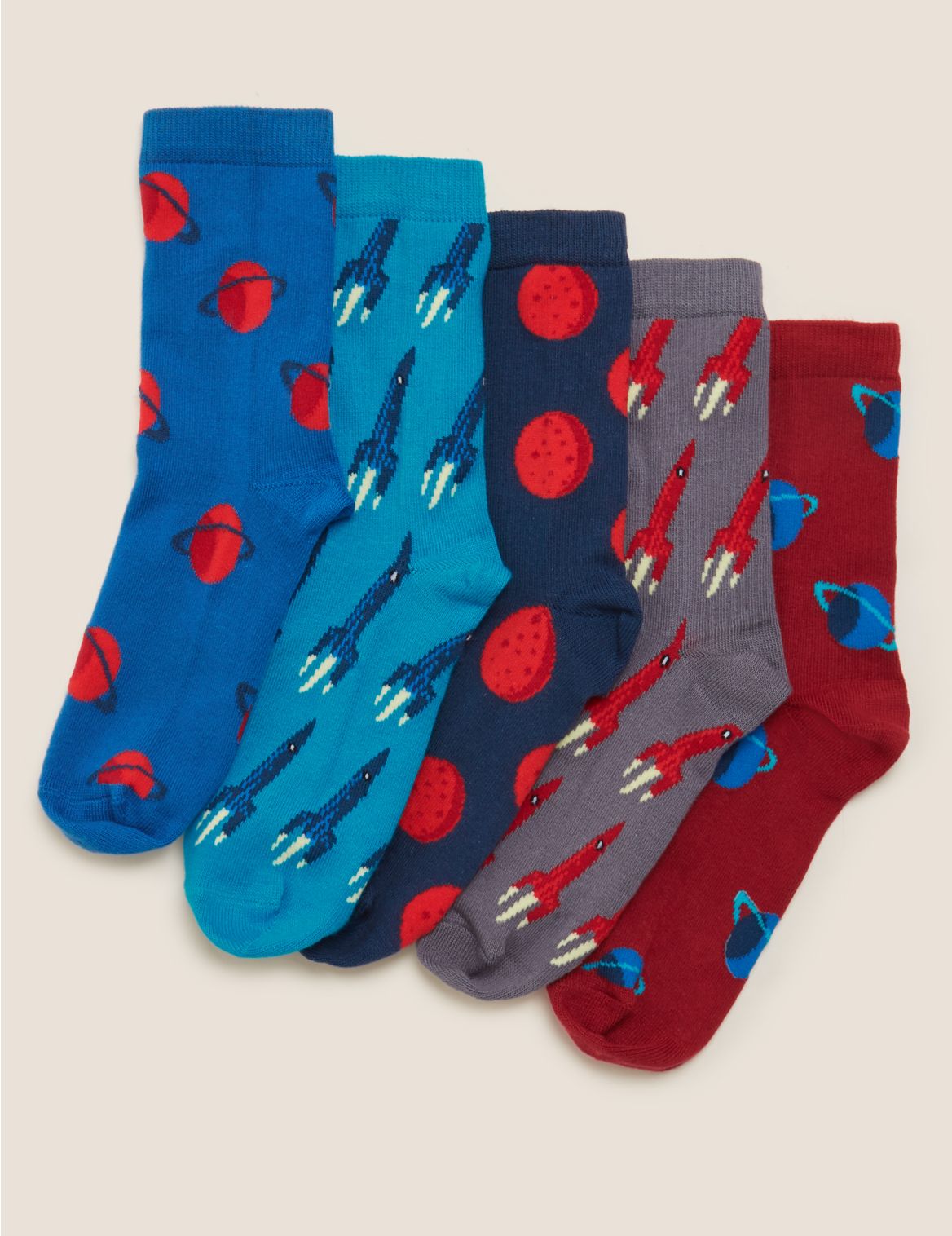 5pk Cotton Space Socks multi-coloured