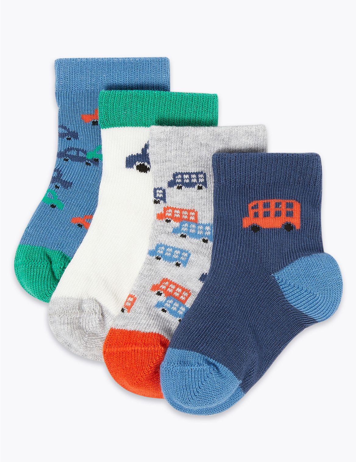 4pk Cotton Rich Transport Baby Socks (0-24 Mths) multi-coloured