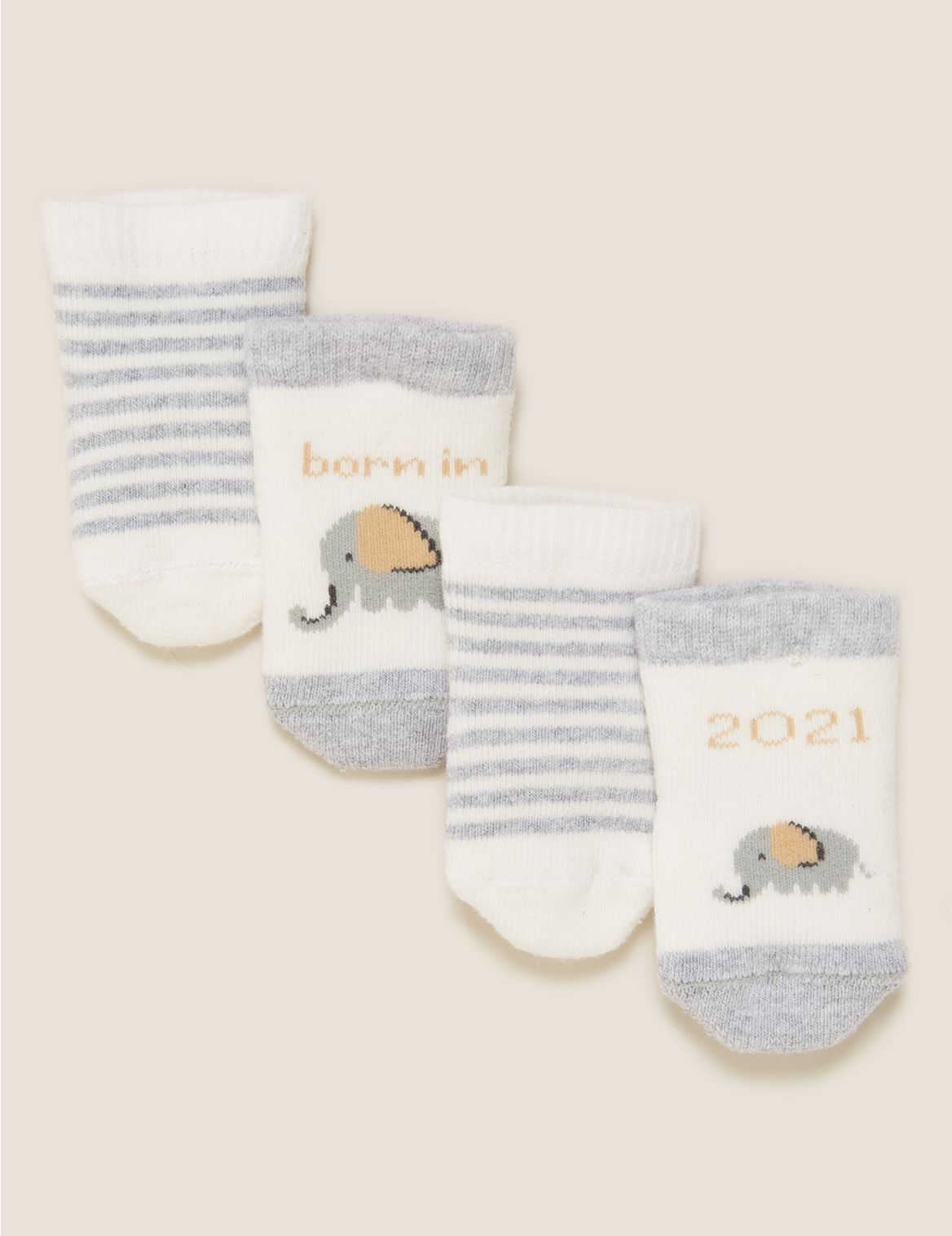 2pk Cotton Born in 2021 Baby Socks (0-12 Mths) cream