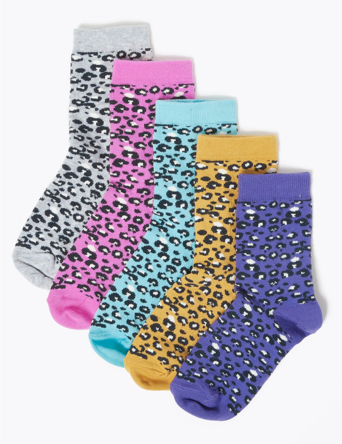 5pk Cotton Rich Leopard Print Socks multi-coloured