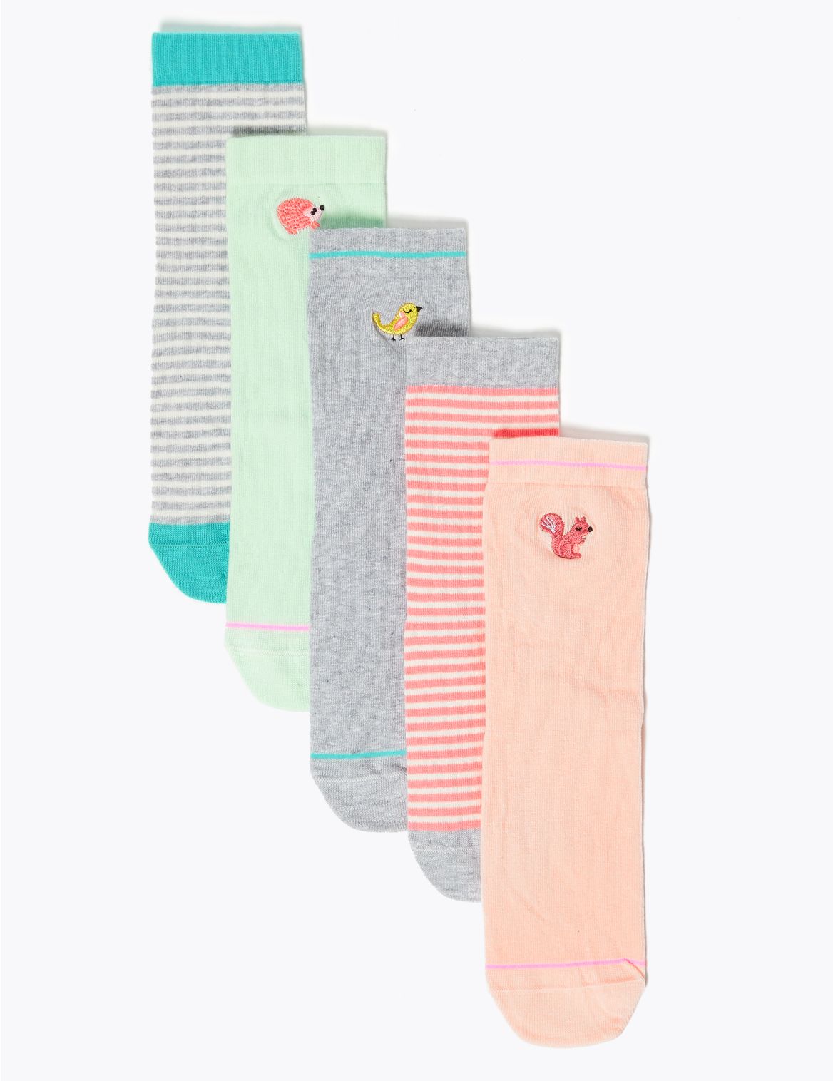 5pk Cotton Embroidered Woodland Socks multi-coloured