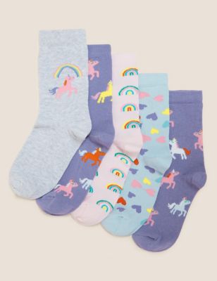 M&S Girls 5pk Cotton Rich Unicorn Socks